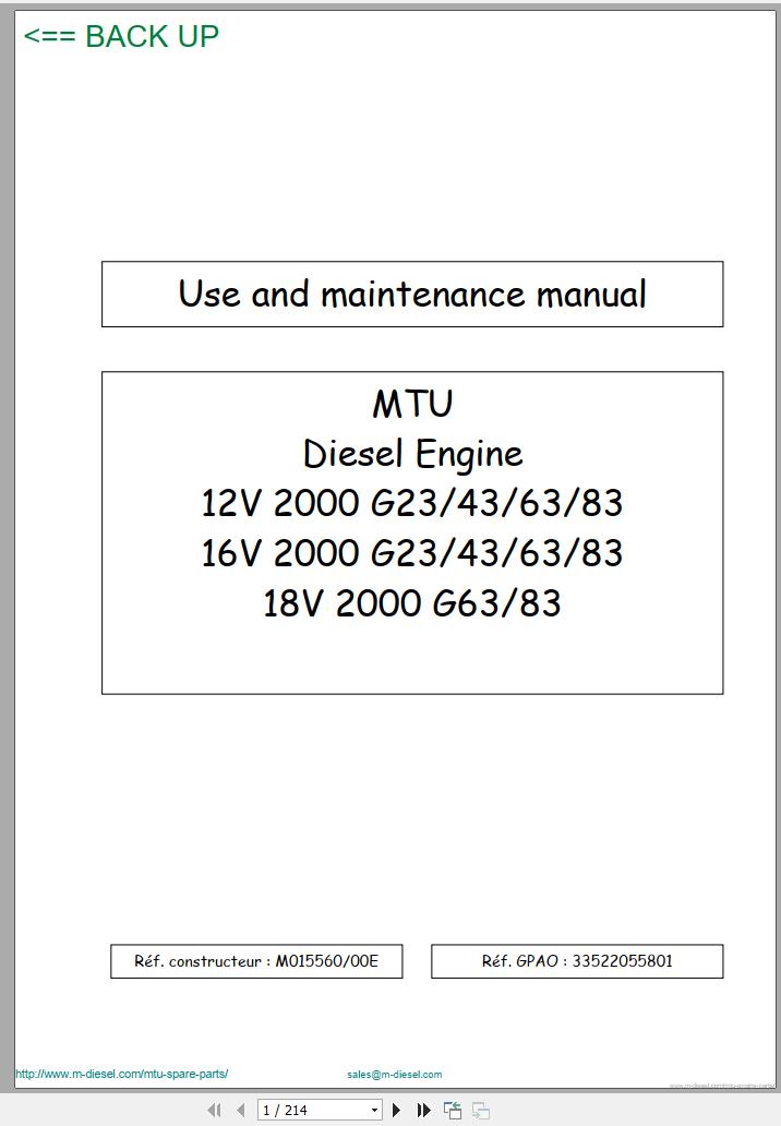 MTU Diesel Engine 18V 2000 G63 G83 Use and Maintenance Manual M015560 00E 2003