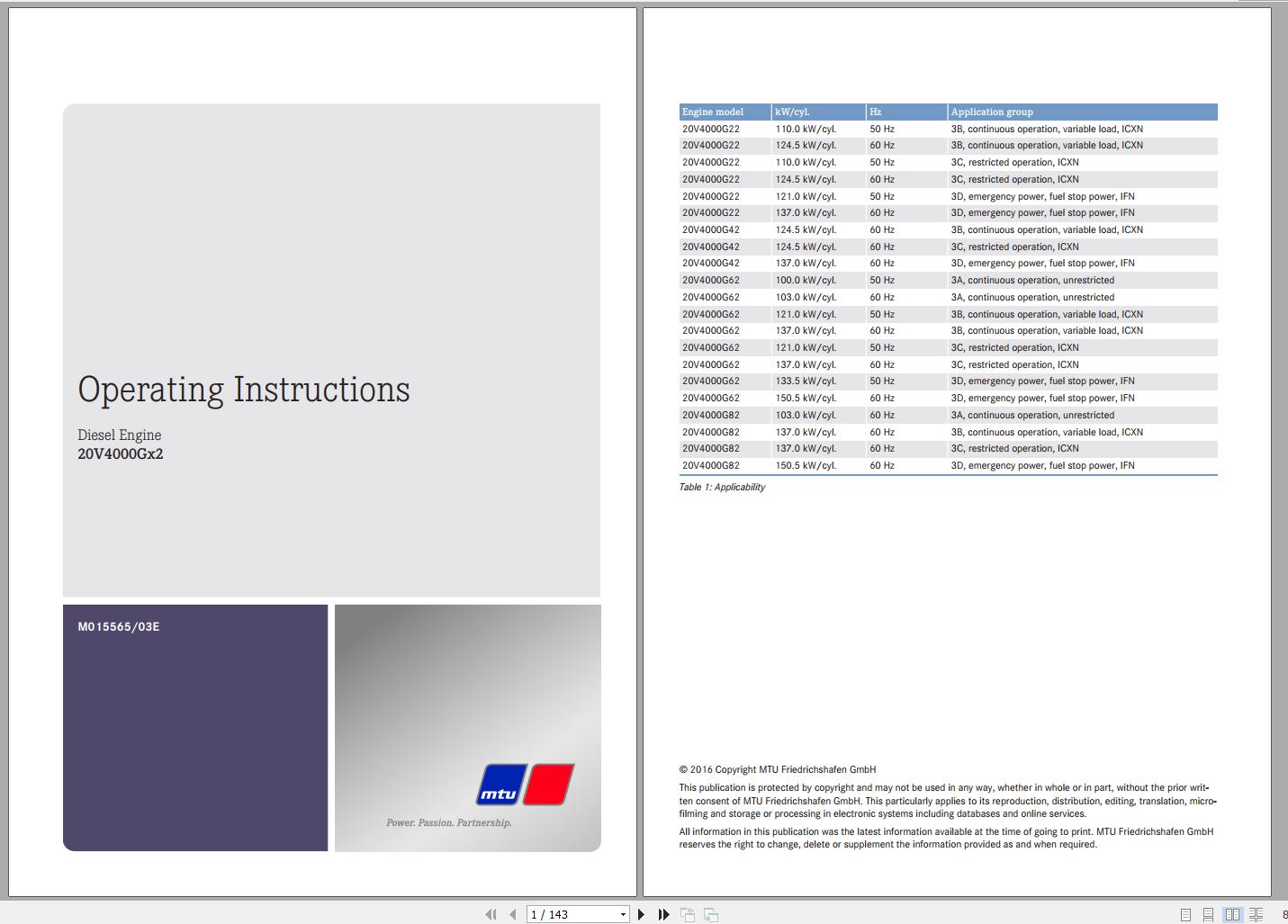 MTU Diesel Engine 20V4000Gx2 Operating Instructions M015565 03E 2016