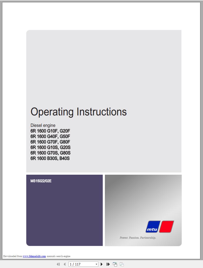 MTU Diesel Engine 6R 1600 G10S Operating Instructions MS15022 02E 2012