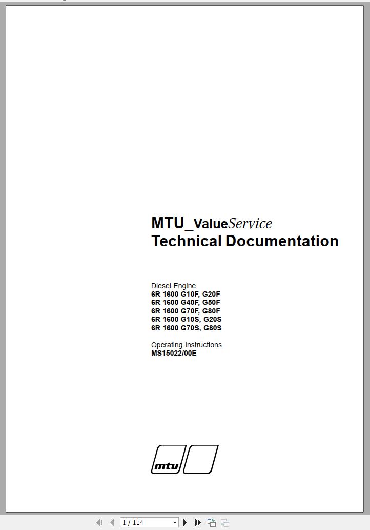 MTU Diesel Engine 6R 1600 G80F Operating Instructions MS15022 00E 2010