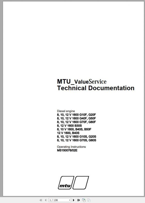 MTU Diesel Engine 8V 1600 G10F Operating Instructions MS150076 02E 2010