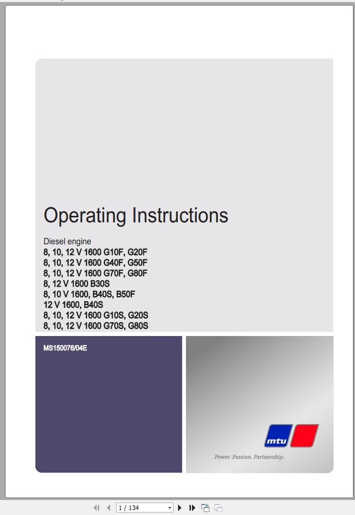 MTU Diesel Engine 8V 1600 G50F Operating Instructions MS150076 04E 2012