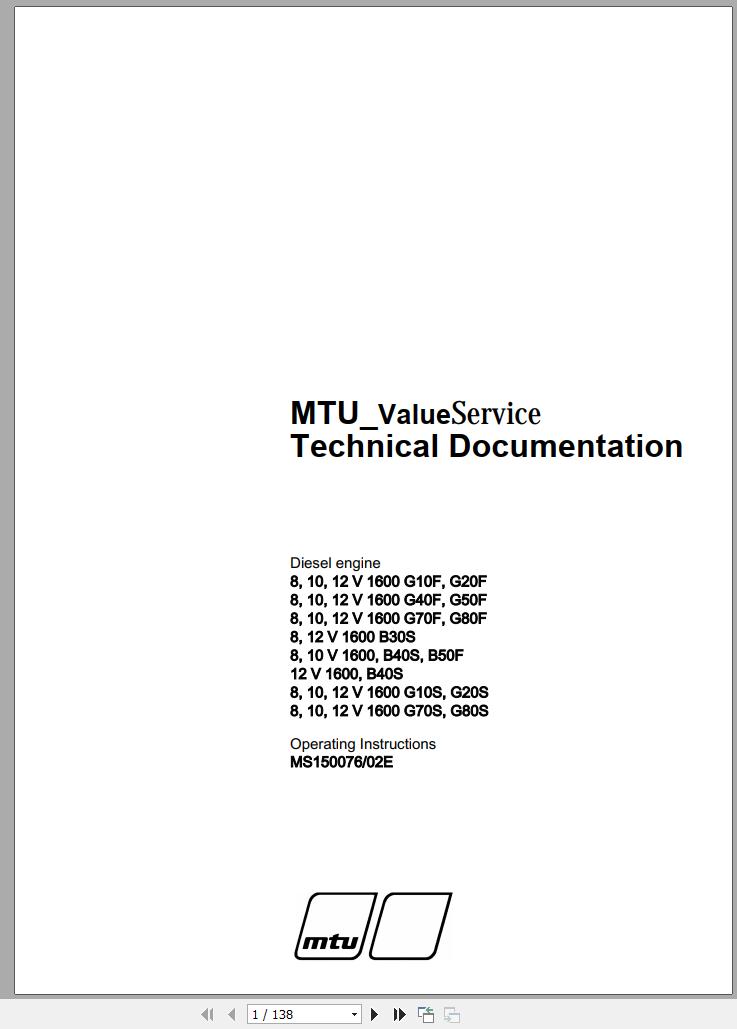 MTU Diesel Engine 8V 1600 G80S Operating Instructions MS150076 02E 2010