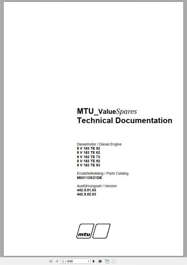 MTU Diesel Engine 8V 183 TE 62 Parts Manual M031135 21DE 2003 DE EN