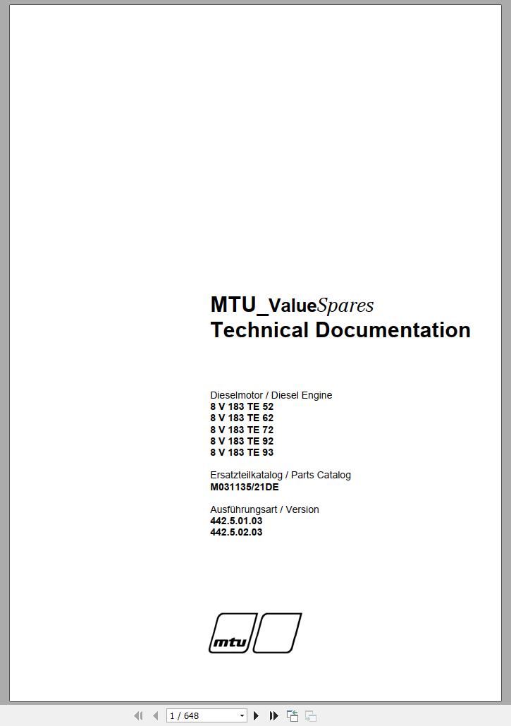 MTU Diesel Engine 8V 183 TE 93 Parts Manual M031135 21DE 2003 DE EN