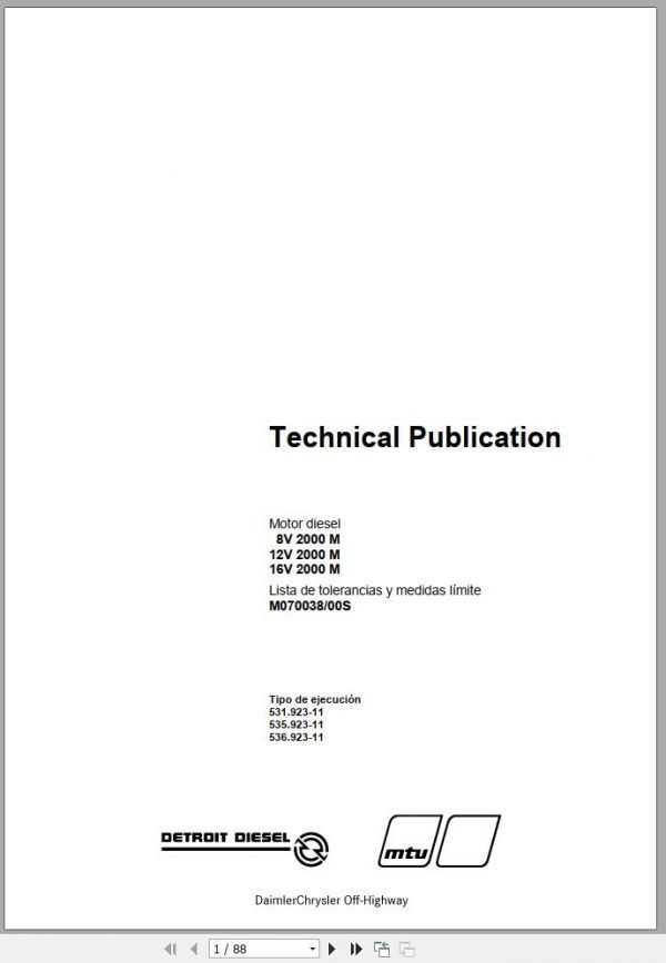 MTU Diesel Engine 8V 2000 M List of Tolerances and Limit Measures M070038 00S 2003 ES