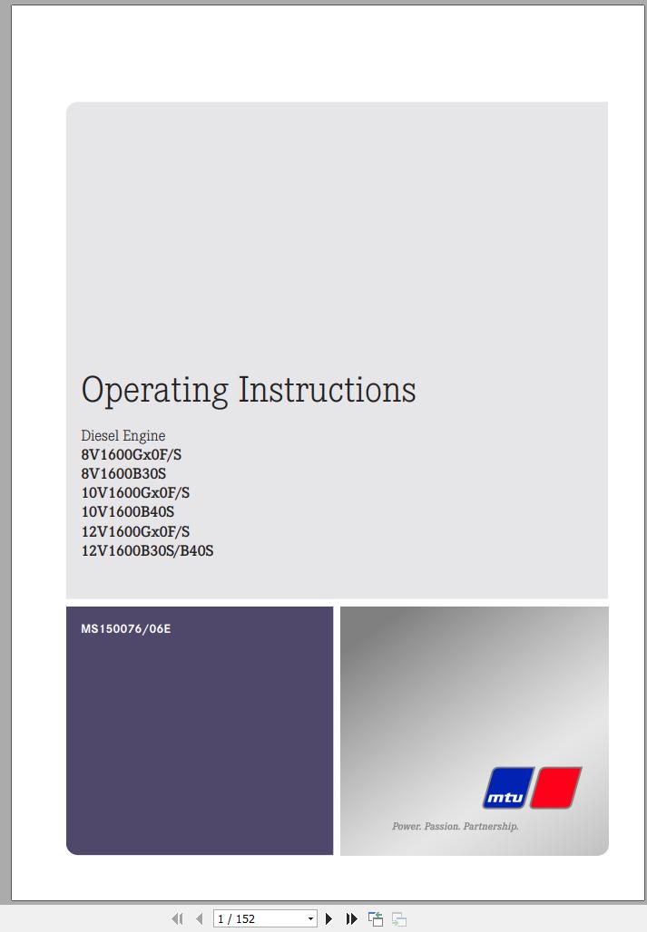 MTU Diesel Engine 8V1600G10F Operating Instructions MS150076 06E 2018