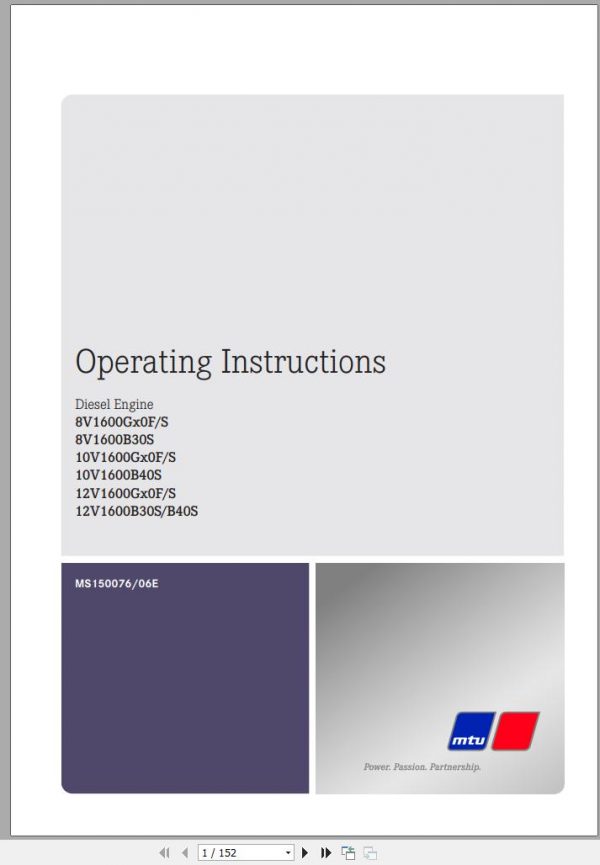 MTU Diesel Engine 8V1600G40F Operating Instructions MS150076 06E 2018