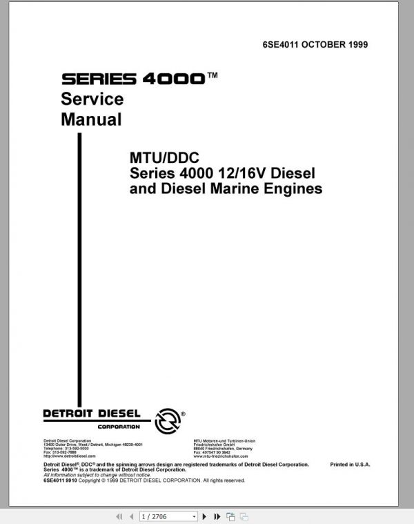 MTU Diesel Engine Series 4000 12V Diesel Marine Engines Service Manual 1999