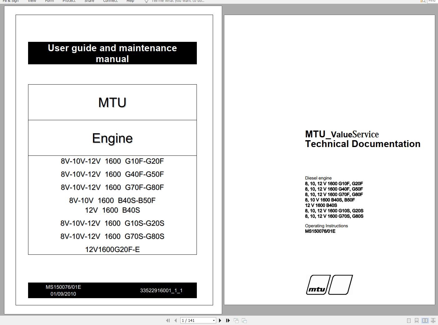 MTU Engine 12V 1600 G10S Operating Instructions MS150076 01E 2010