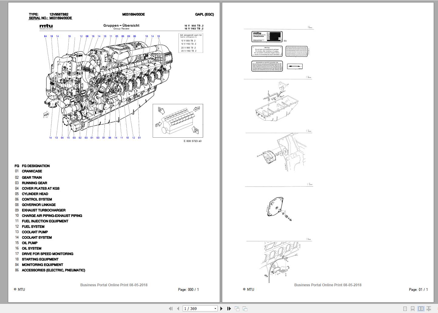 MTU Engine 12V956TB82 Parts Manual M031694 00DE 2018 DE