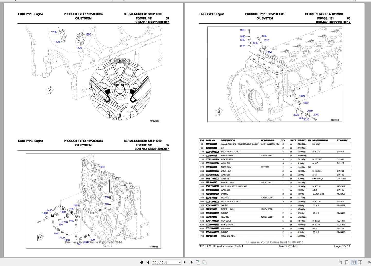 MTU Engine 16V2000G85 536111910 Spart Part Catalog 62483 2014