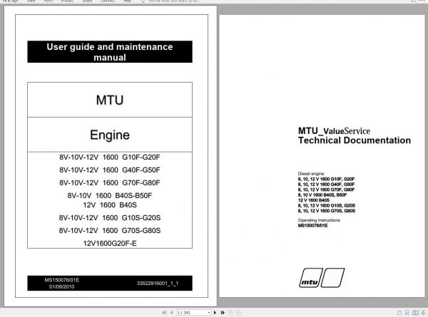 MTU Engine 8V 1600 G10S Operating Instructions MS150076 01E 2010