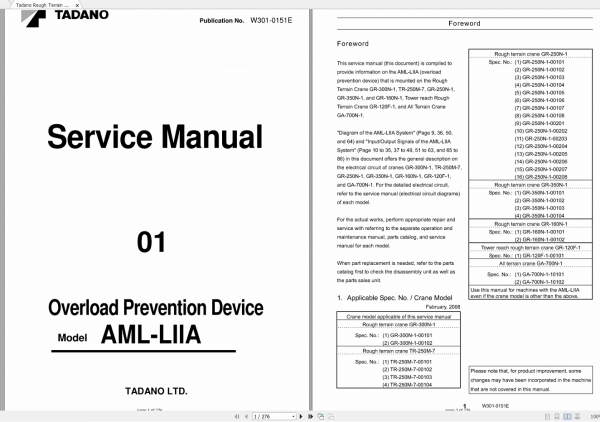 Tadano Rough Terrain Crane GR 250N 1 AML LIIA W301 0151E Service Manual Overload Prevention Device EN 1 1