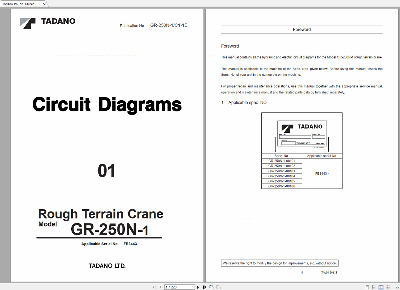 Tadano Rough Terrain Crane GR 250N 1 GR 250N 1 C1 1E Circuit Diagrams EN 1