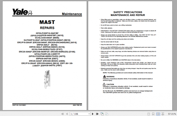 Yale Class 5 Internal Combustion Engine Trucks A875 GDP040 050RG Service Manual 1