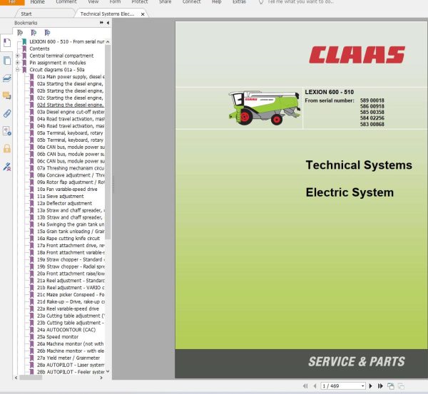 Claas Tractor Combine Lexion 600 595 Service Manual Electrical and Hydraulic Diagram