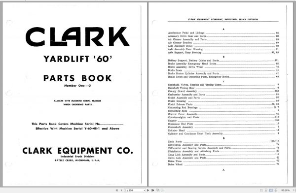 Clark Forklift 60 Y 60 48 1 Parts Manual