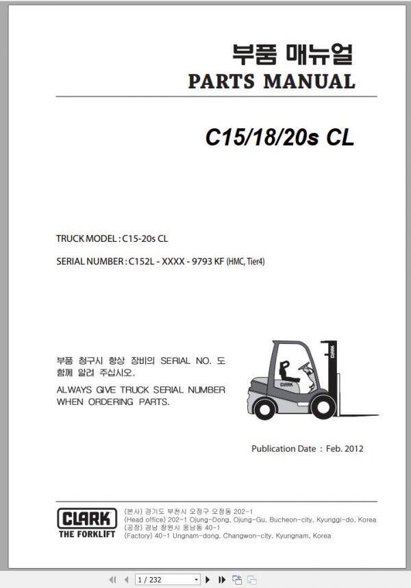 Clark Forklift C 15 18 20s CL C152L 9793 KF Parts Manual 02.2012 EN KR