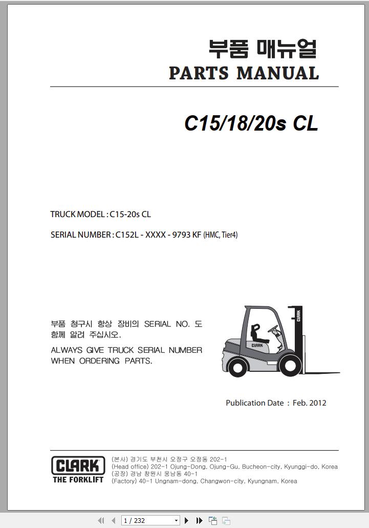 Clark Forklift C 15 18 20s CL C152L 9793 KF Parts Manual 02.2012 EN KR