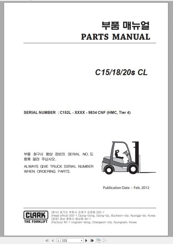 Clark Forklift C 15 18 20s CL C152L 9834 CNF Parts Manual 02.2012 EN KR