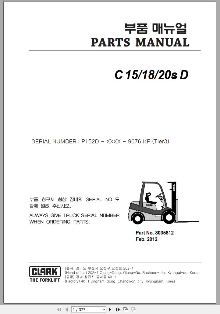 Clark Forklift C 15 18 20s D P152D 9676 KF Parts Manual 8035812 02.2012 EN KR