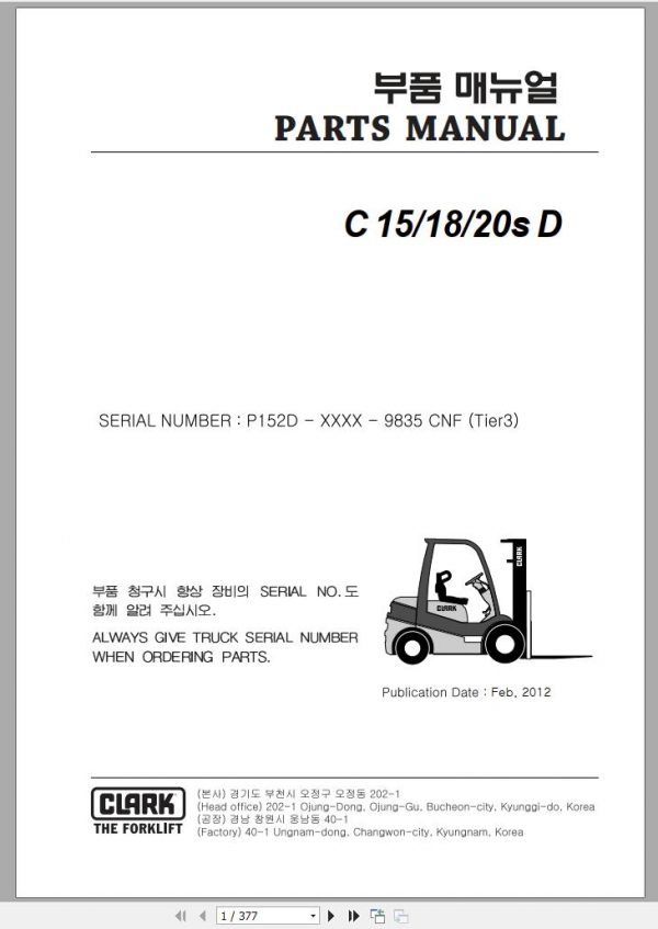 Clark Forklift C 15 18 20s D P152D 9835 CNF Parts Manual 02.2012 EN KR