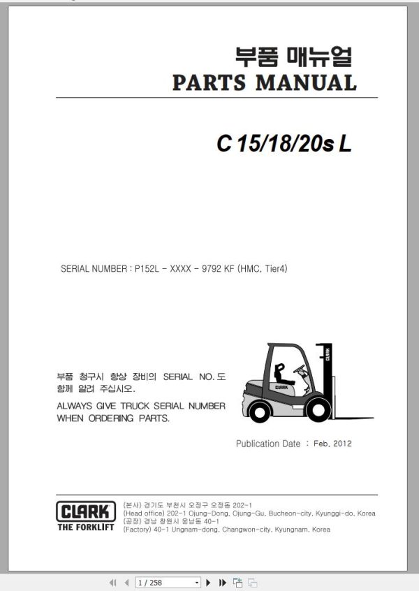 Clark Forklift C 15 18 20s L P152L 9792 KF Parts Manual 02.2012 EN KR