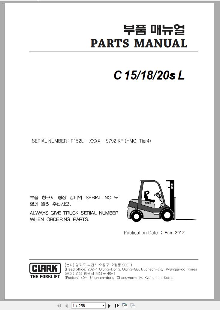 Clark Forklift C 15 18 20s L P152L 9792 KF Parts Manual 02.2012 EN KR