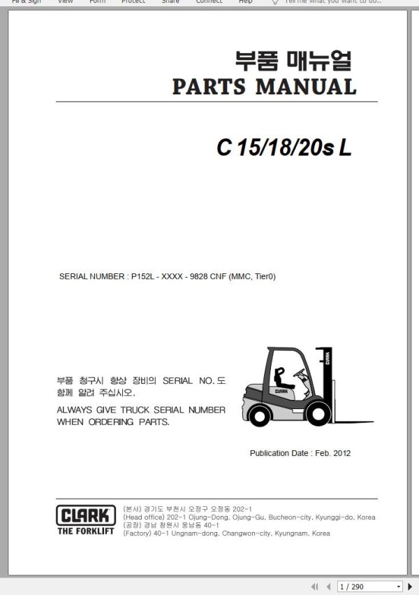 Clark Forklift C 15 18 20s L P152L 9828 CNF Parts Manual 02.2012 EN KR