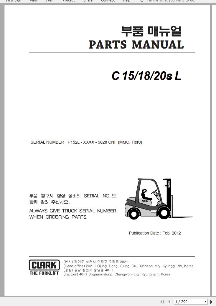 Clark Forklift C 15 18 20s L P152L 9828 CNF Parts Manual 02.2012 EN KR