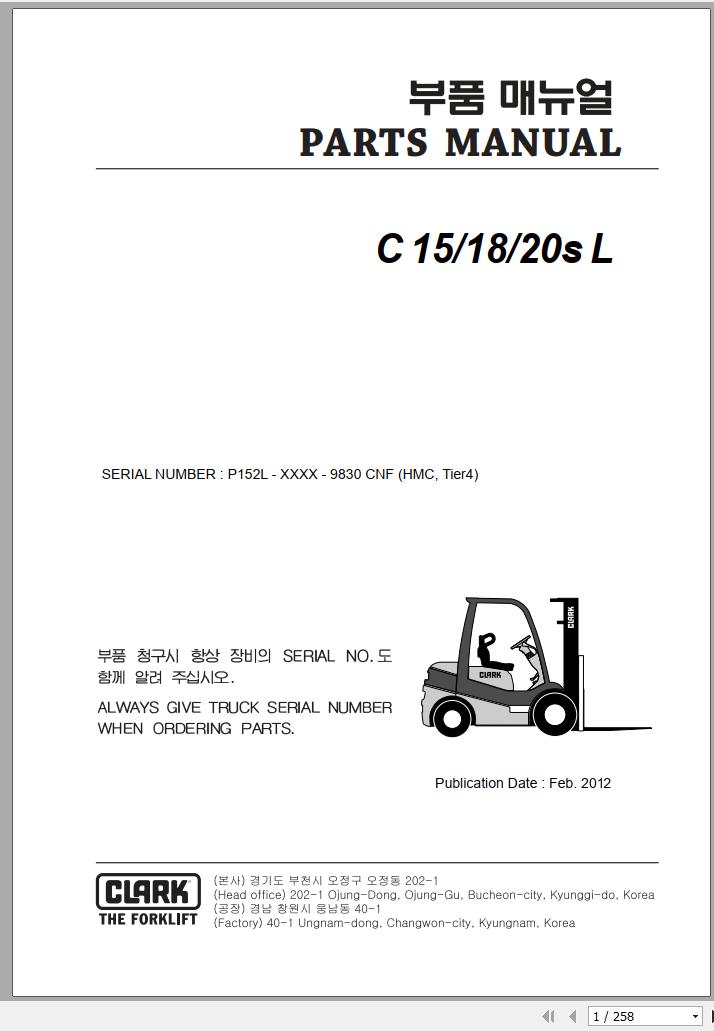 Clark Forklift C 15 18 20s L P152L 9830 CNF Parts Manual 02.2012 EN KR