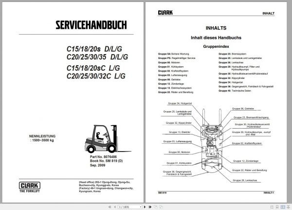 Clark Forklift C 15 20s D L G Service Manual 8076486 SM 819 09.2009 DE