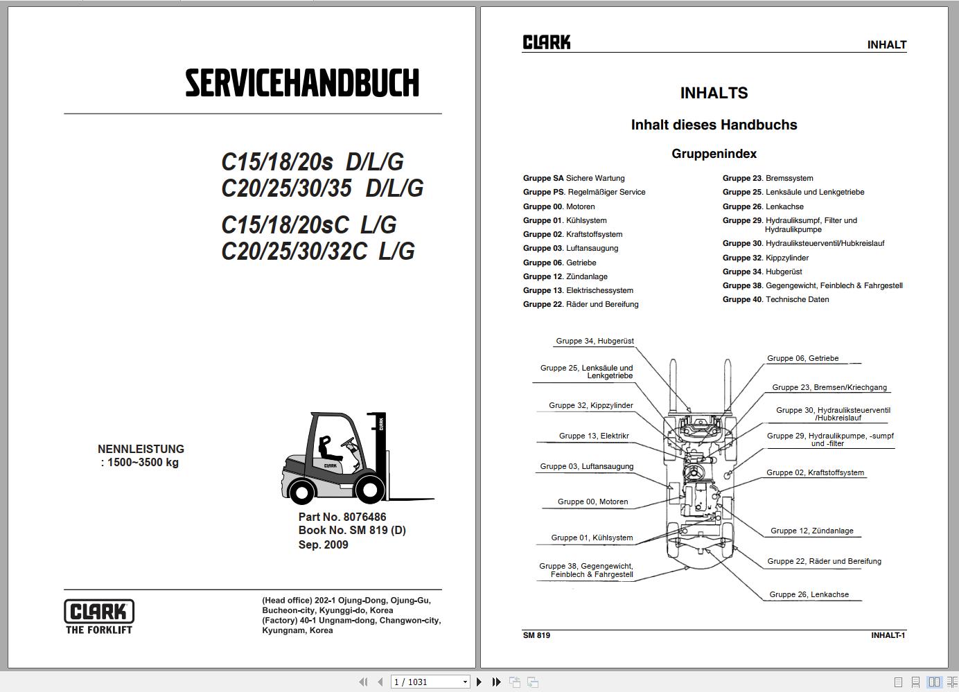 Clark Forklift C 15 20sC L G Service Manual 8076486 SM 819 09.2009 DE