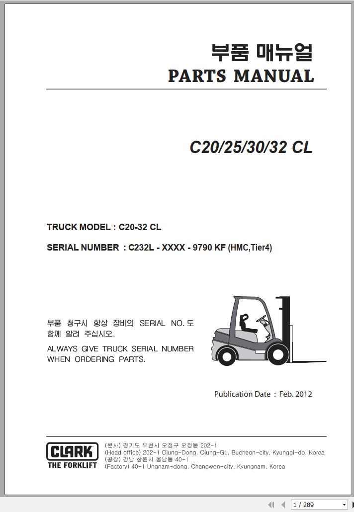Clark Forklift C 20 25 30 32 CL C232L 9790 KF Parts Manual 02.2012 EN KR