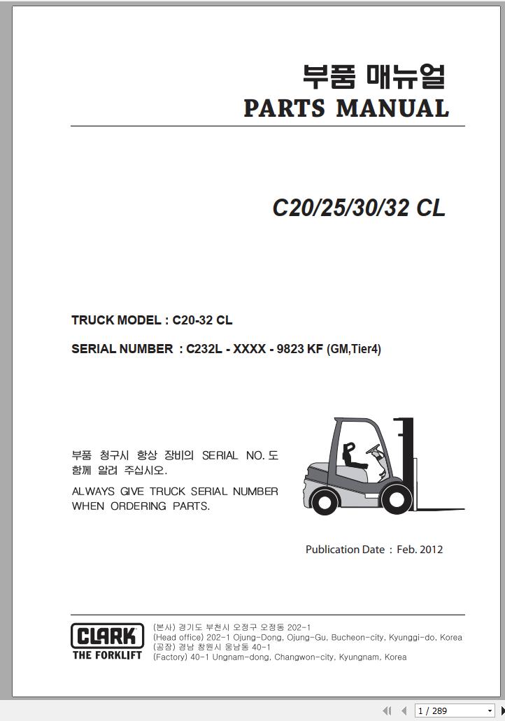 Clark Forklift C 20 25 30 32 CL C232L 9823 KF Parts Manual 02.2012 EN KR