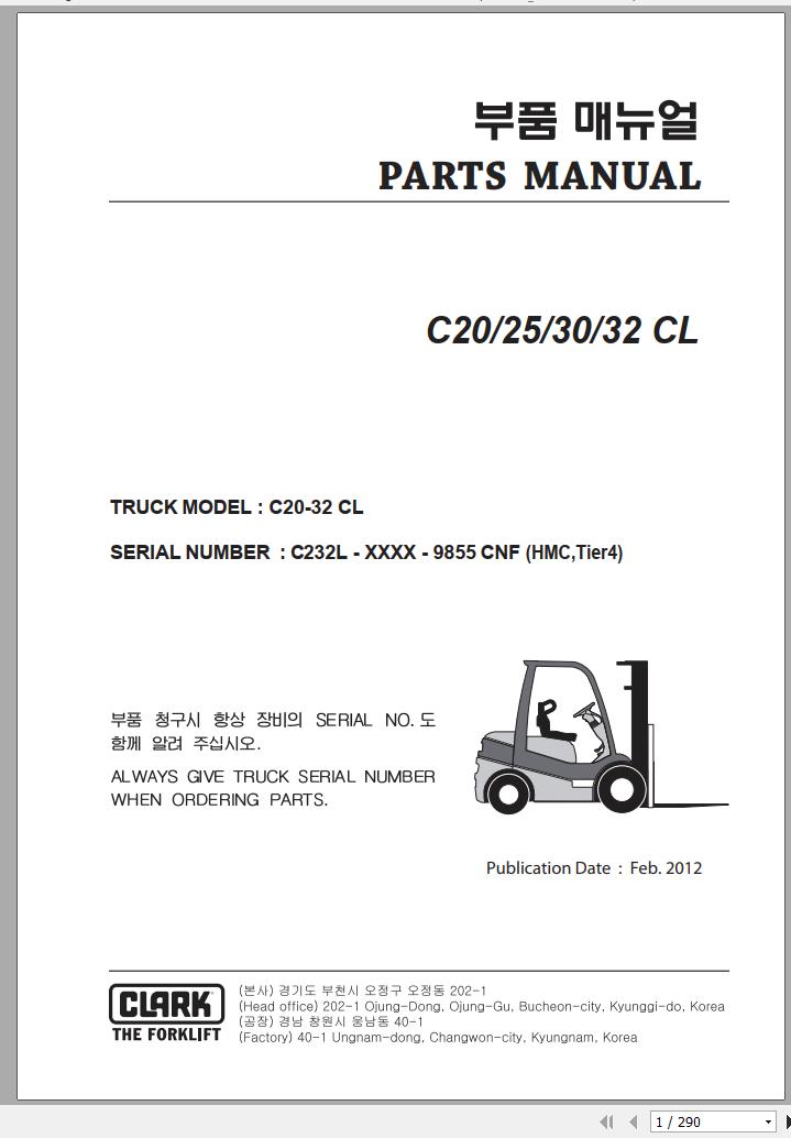 Clark Forklift C 20 25 30 32 CL C232L 9855 CNF Parts Manual 02.2012 EN KR