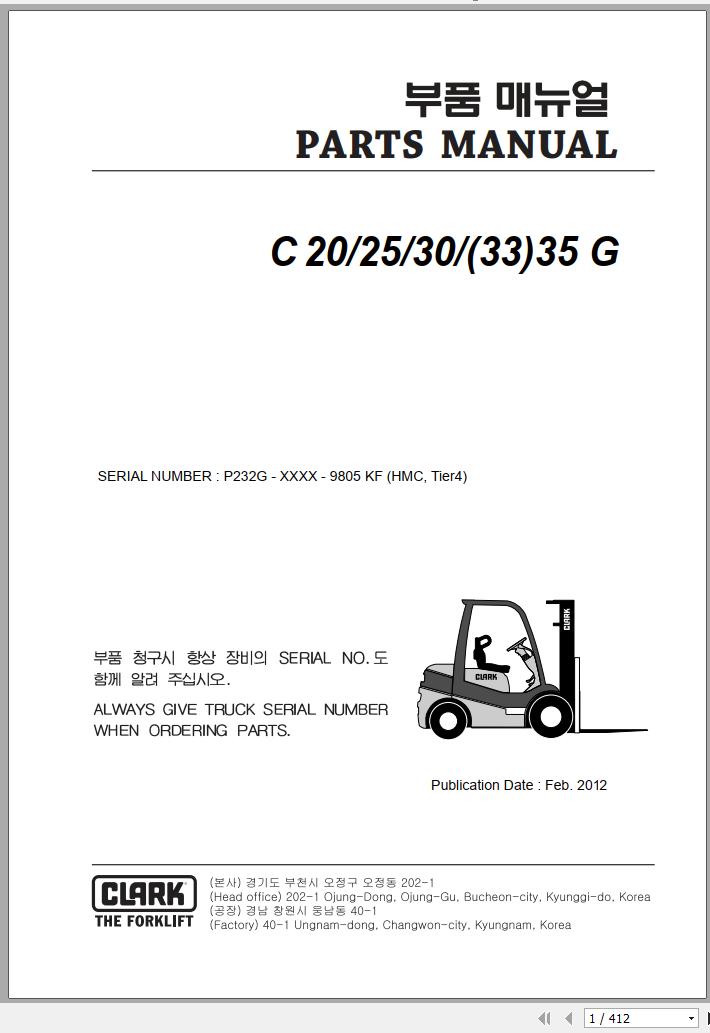 Clark Forklift C 20 25 30 33 35 G P232G 9805 KF Parts Manual 02.2012 EN KR