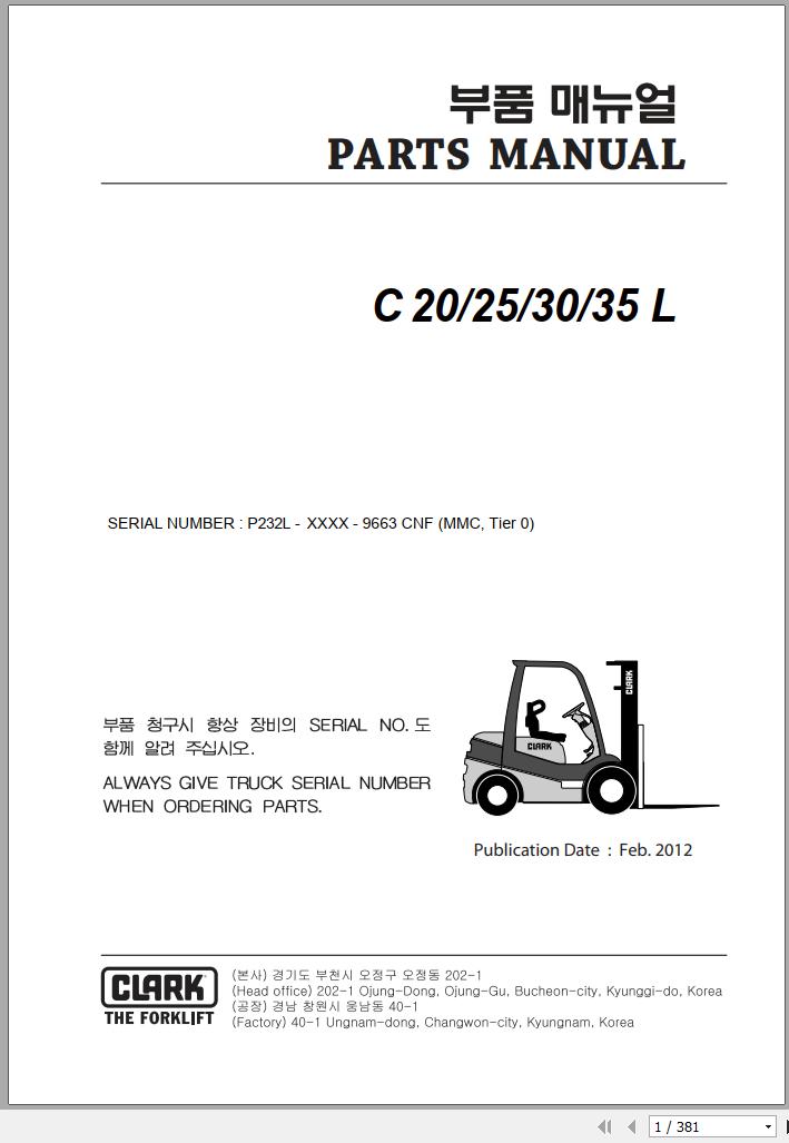 Clark Forklift C 20 25 30 33 35 L P232L 9663 CNF Parts Manual 02.2012 EN KR