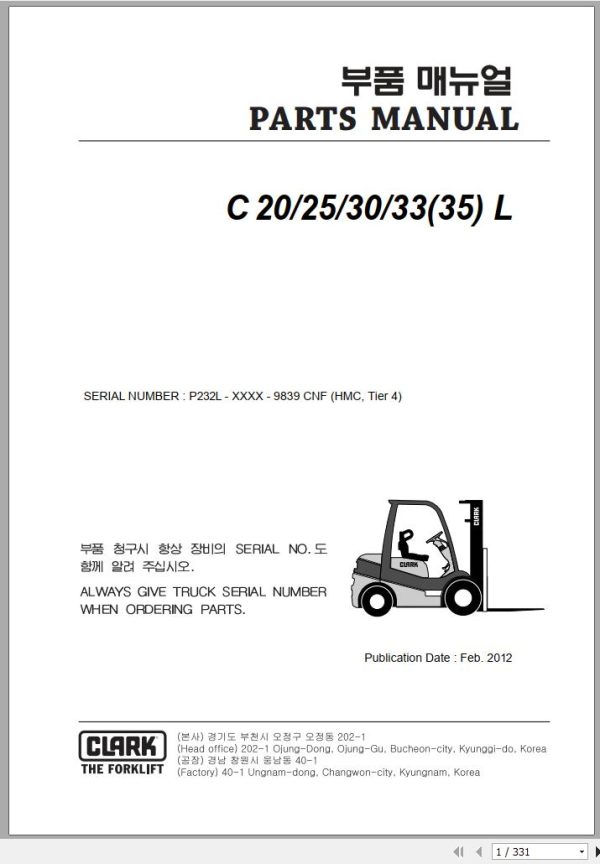 Clark Forklift C 20 25 30 33 35 L P232L 9780 KF Parts Manual 02.2012 EN KR