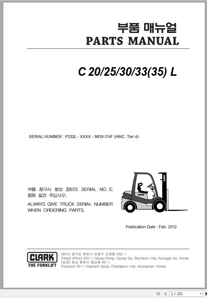 Clark Forklift C 20 25 30 33 35 L P232L 9780 KF Parts Manual 02.2012 EN KR