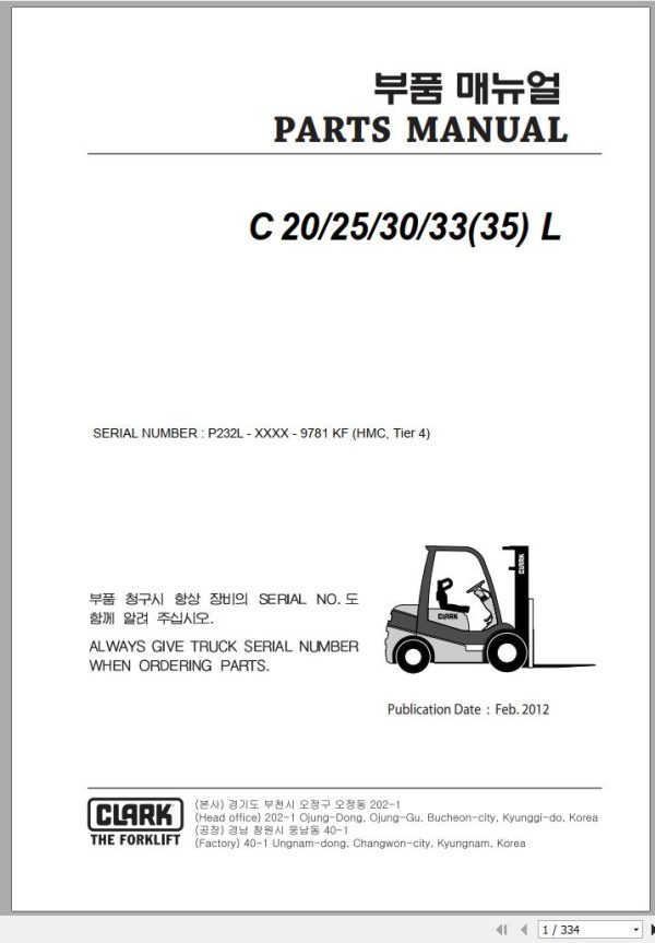 Clark Forklift C 20 25 30 33 35 L P232L 9781 KF Parts Manual 8087557 02.2012 EN KR