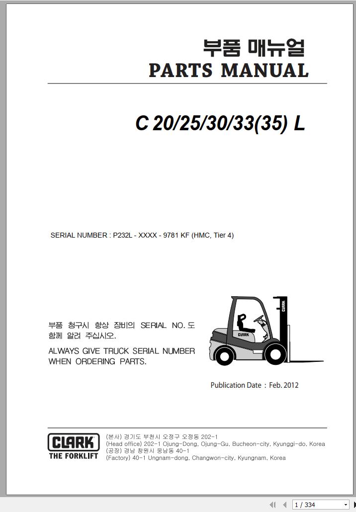 Clark Forklift C 20 25 30 33 35 L P232L 9781 KF Parts Manual 8087557 02.2012 EN KR