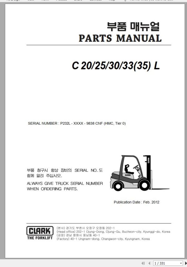 Clark Forklift C 20 25 30 33 35 L P232L 9838 CNF Parts Manual 02.2012 EN KR