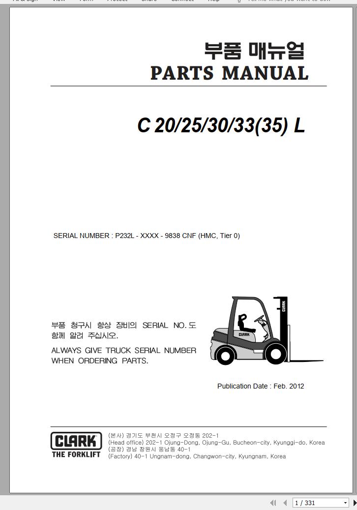 Clark Forklift C 20 25 30 33 35 L P232L 9838 CNF Parts Manual 02.2012 EN KR