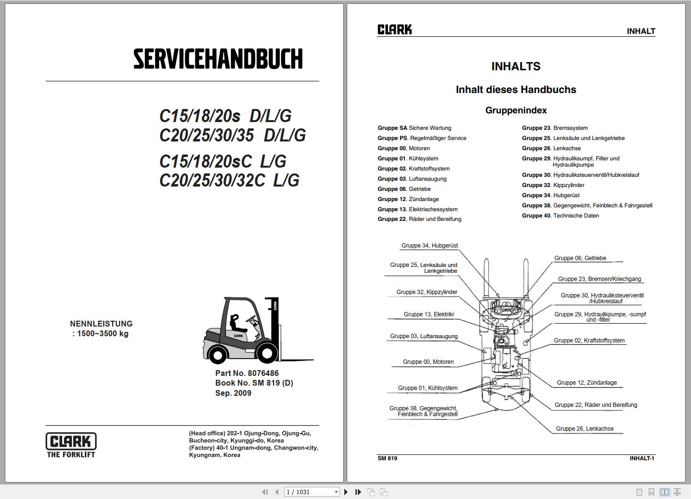 Clark Forklift C 20 32C L G Service Manual 8076486 SM 819 09.2009 DE