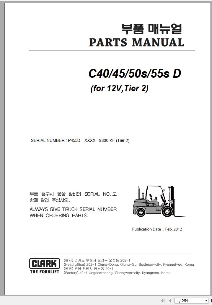 Clark Forklift C 40 45 50s 55s D P455D 9800 KF Parts Manual 02.2012 EN KR
