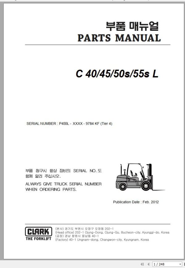 Clark Forklift C 40 45 50s 55s L P455L 9784 KF Parts Manual 02.2012 EN KR