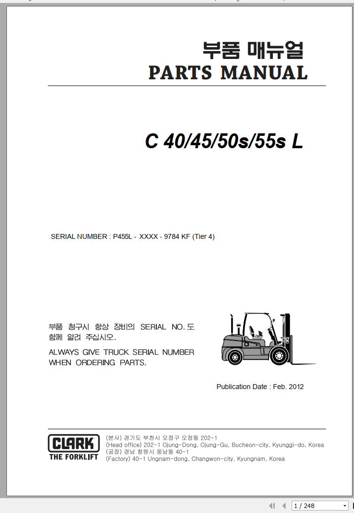 Clark Forklift C 40 45 50s 55s L P455L 9784 KF Parts Manual 02.2012 EN KR