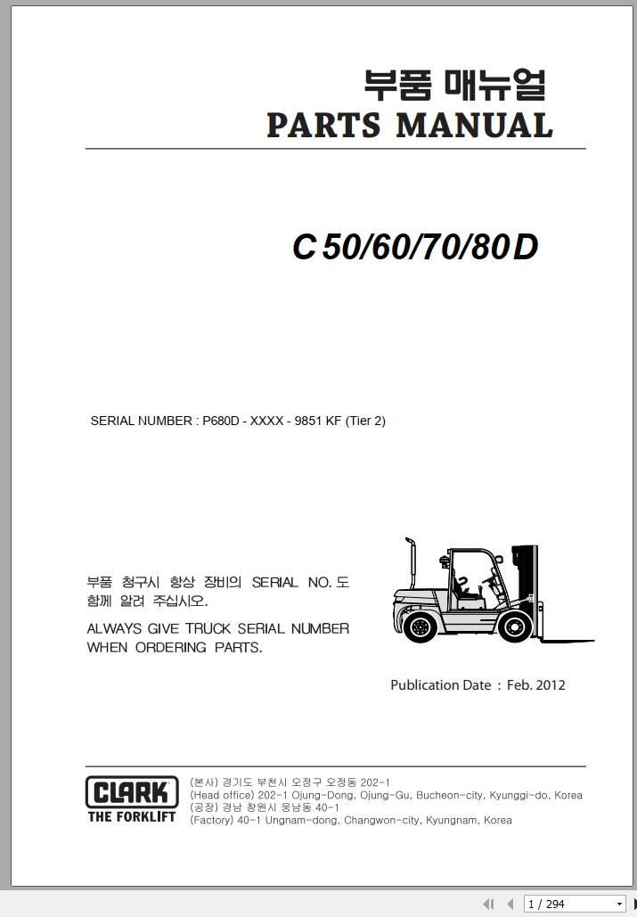 Clark Forklift C 50 60 70 80 D P680D 9851 KF Parts Manual 02.2012 EN KR
